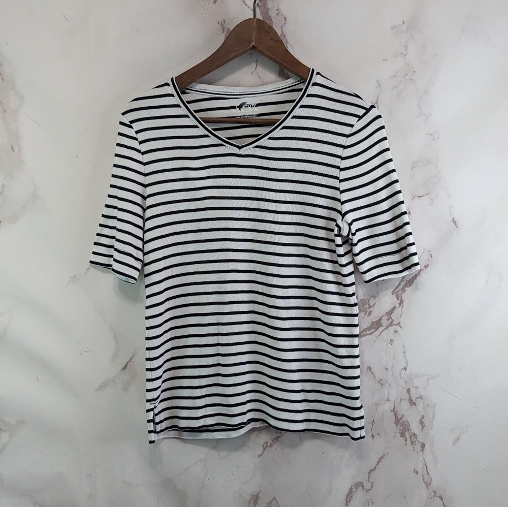 Chicos T Shirt Women 0 Small Black White Ultimate Tee Striped Short Sleeve V